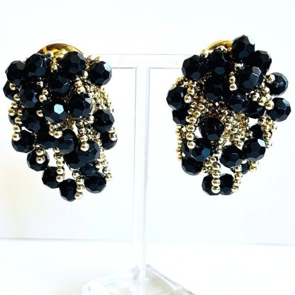 VTG Lucite Glass beads waterfall earrings‎ Dangle chunky Pierced gold black 80s